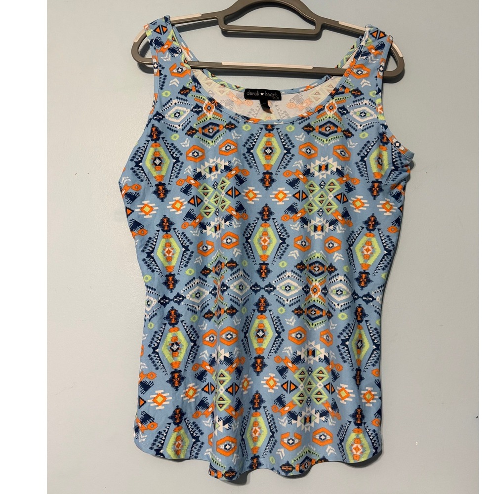 Derek Heart Plus Women's 1X Blue Southwestern Geometric Diamond Tank Top 2298